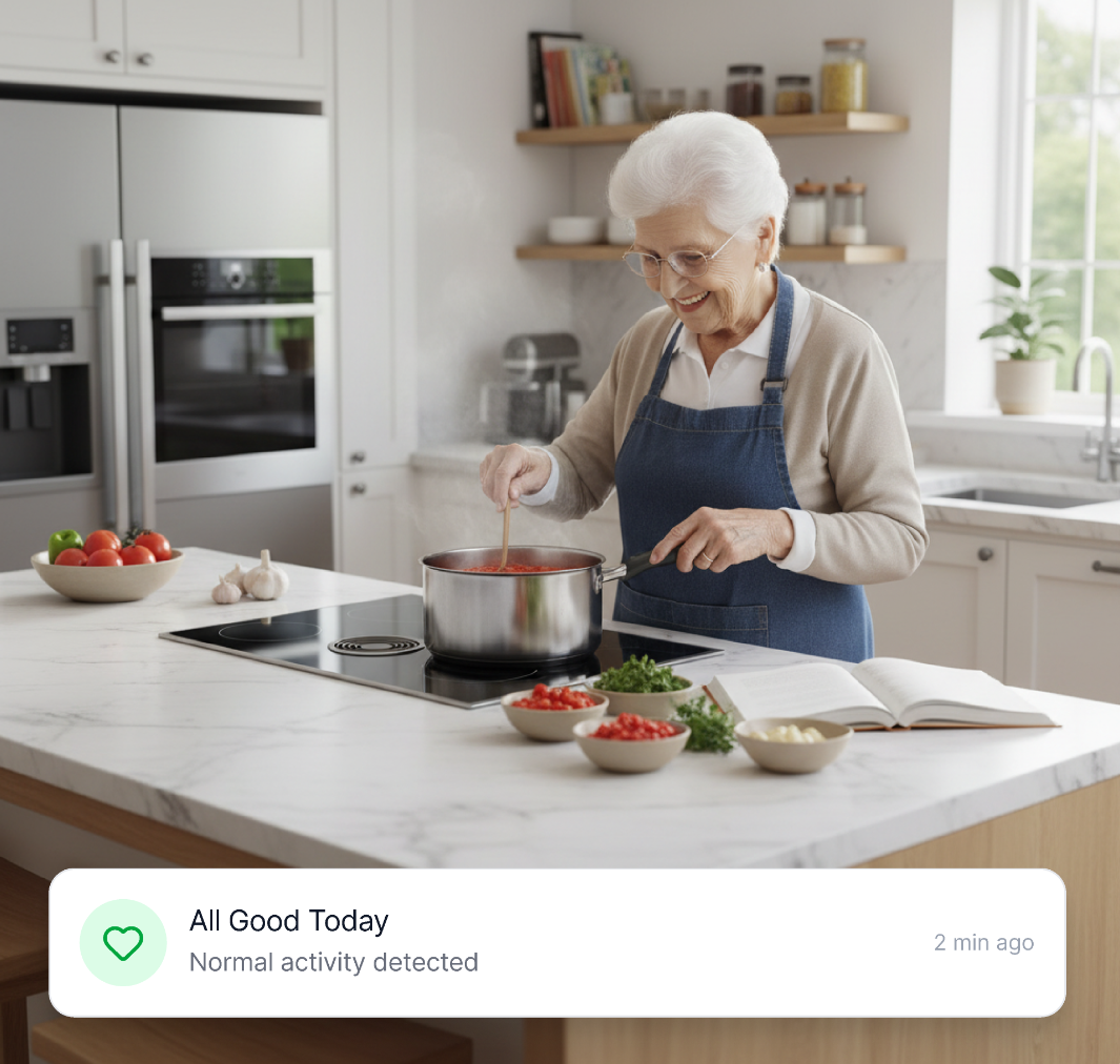 Senior woman cooking safely at home with WellNuo monitoring